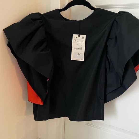 Zara Black Top with Fuchsia & Orange Ruffle - size Small NEW! - Picture 4 of 5